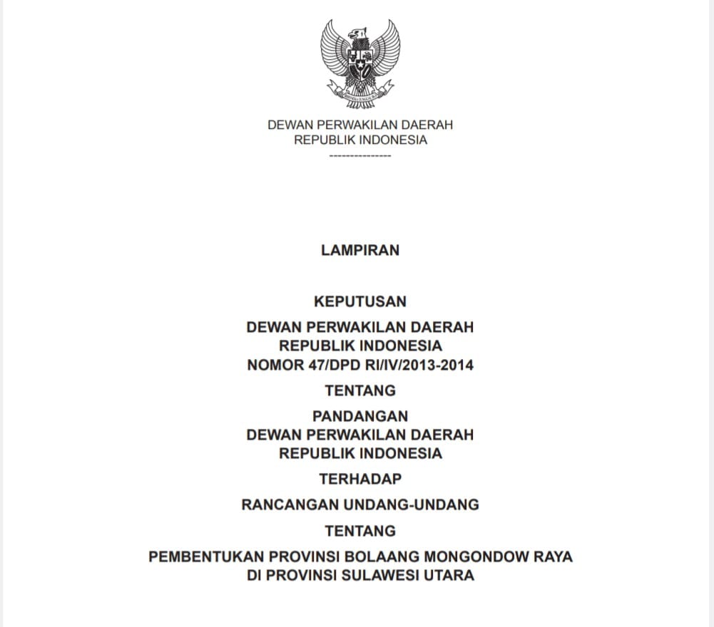 Surat Keputusan 2014 Jadi Bukti Pemekaran Bolaang Mongondow Raya Pernah Dibahas Resmi